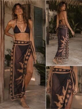 Women's Black & Tan Sheer Sun Motif Wrap Skirt Coverup